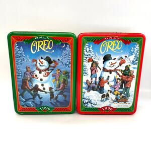 Vintage Oreo Nabisco Snowman Christmas 1996 Set of 2 Cookie Tins "Snowy Day"